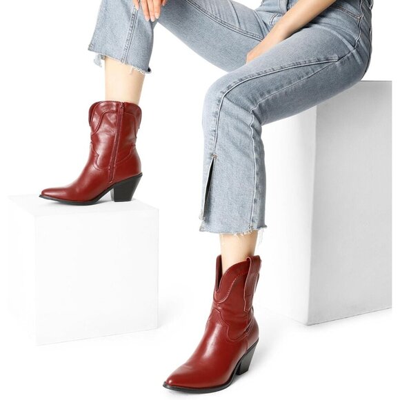 Women's Red Boots Western Fashion Mild Boots Chunky Block Heel Fall Shoes - Picture 6 of 6